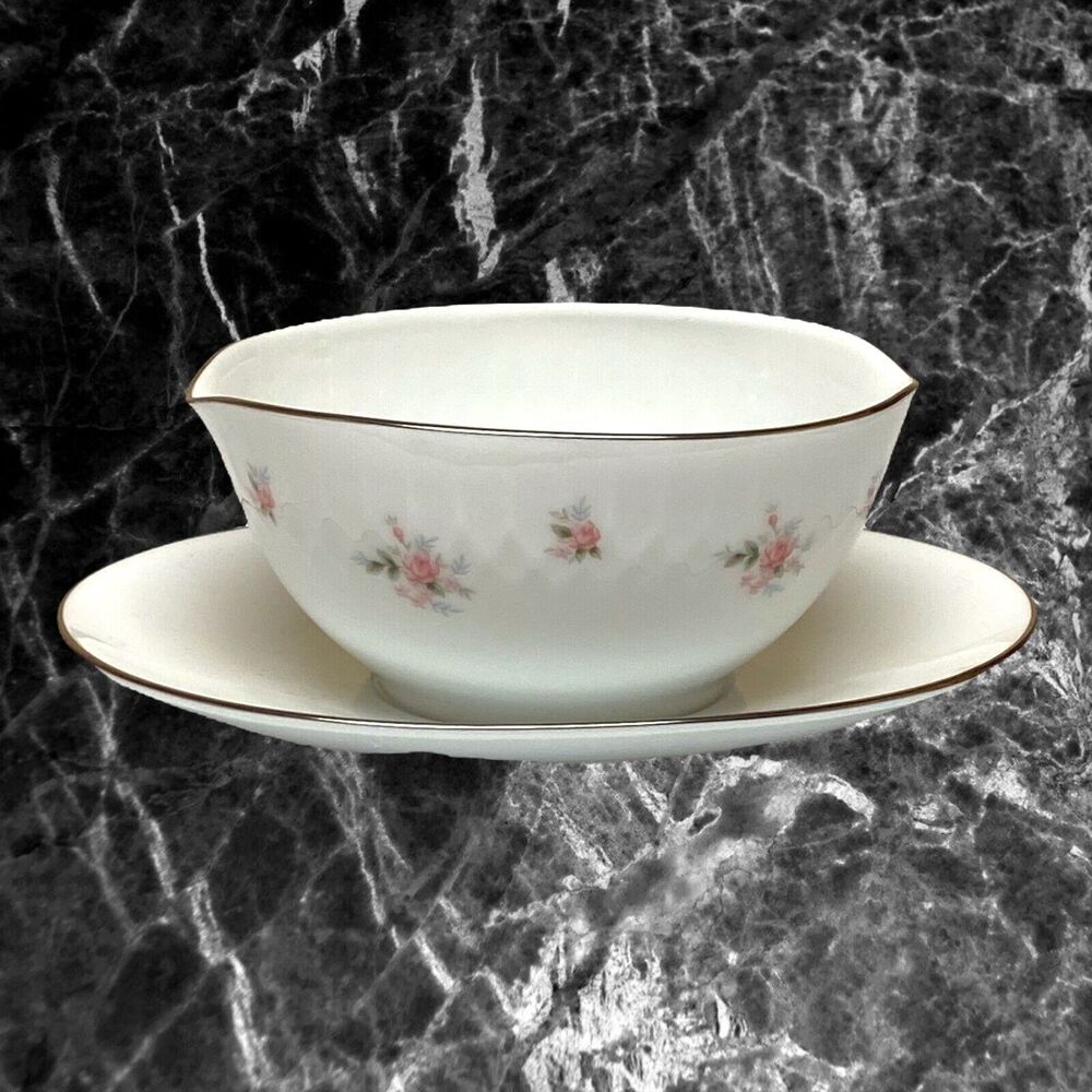 Noritake MABEL Floral Oval Gravy Boat Bowl attached Underplate Vintage Japan